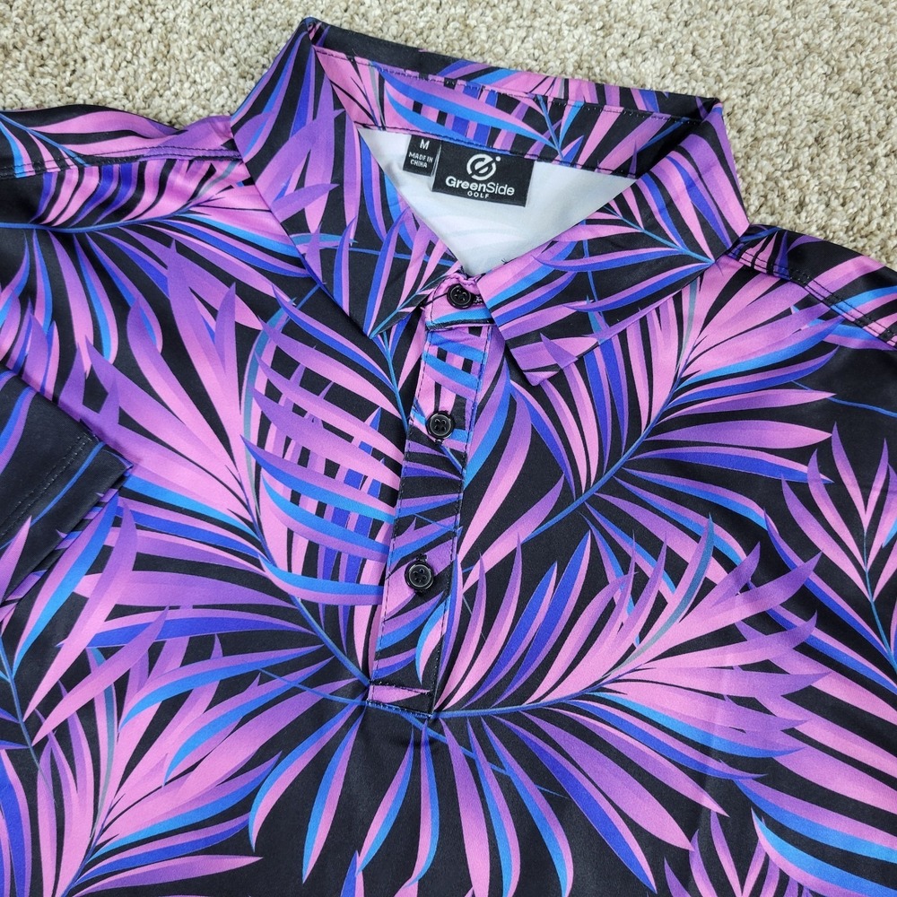 GreenSide Golf Mens Medium Black Pink Blue AOP Floral Performance Stretch Polo